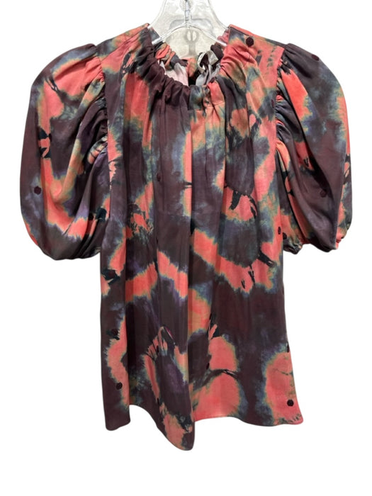 Ulla Johnson Size 0 Pink, Blue & Multi Silk Short Balloon Sleeve Tie Dye Top Pink, Blue & Multi / 0
