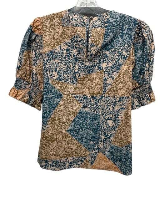 Hunter Bell Size XS Teal, beige & brown Cotton Short Puff Sleeve Back button Top Teal, beige & brown / XS