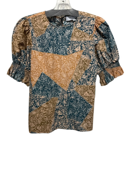 Hunter Bell Size XS Teal, beige & brown Cotton Short Puff Sleeve Back button Top Teal, beige & brown / XS