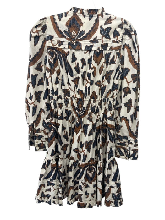 Ulla Johnson Size 0 cream, navy & brown Cotton Long Sleeve Shirred Waist Dress cream, navy & brown / 0
