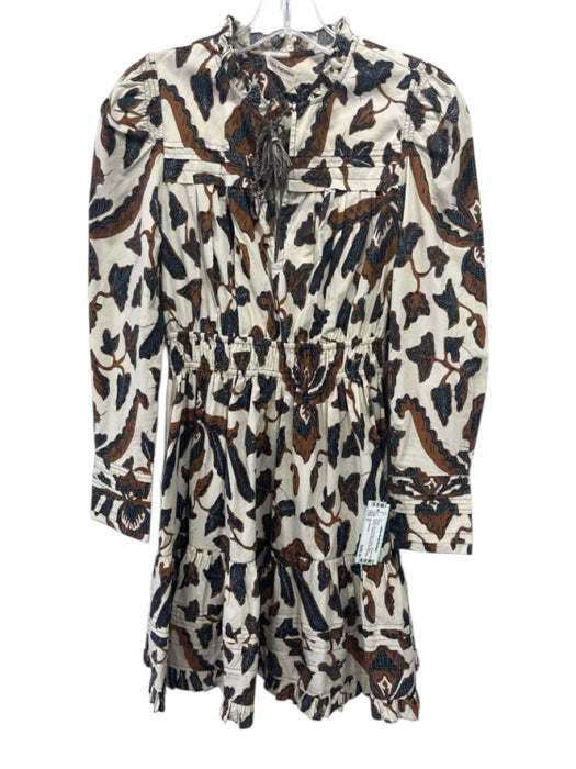Ulla Johnson Size 0 cream, navy & brown Cotton Long Sleeve Shirred Waist Dress cream, navy & brown / 0