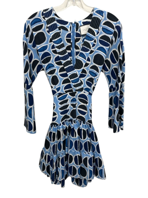 Alexis Size XS Light Blue, Black & White Silk Long Flare Sleeve Circles Dress Light Blue, Black & White / XS