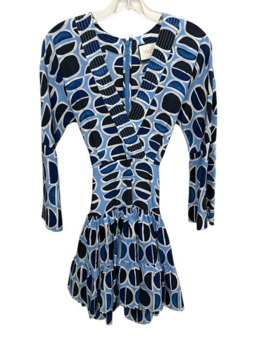 Alexis Size XS Light Blue, Black & White Silk Long Flare Sleeve Circles Dress Light Blue, Black & White / XS