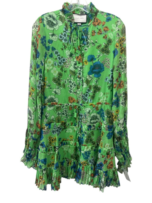 Alexis Size XS Green, Blue & Yellow Polyester Long Flare Sleeve Floral Dress Green, Blue & Yellow / XS