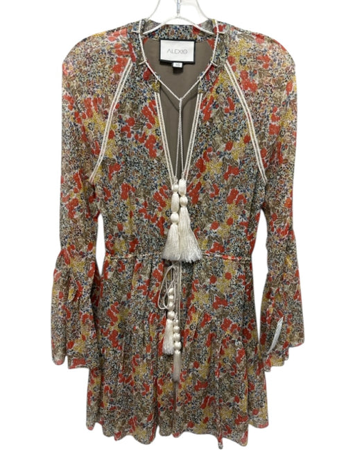 Alexis Size XS Red, Yellow & Green Silk Long Sleeve Floral Trim Dress Red, Yellow & Green / XS