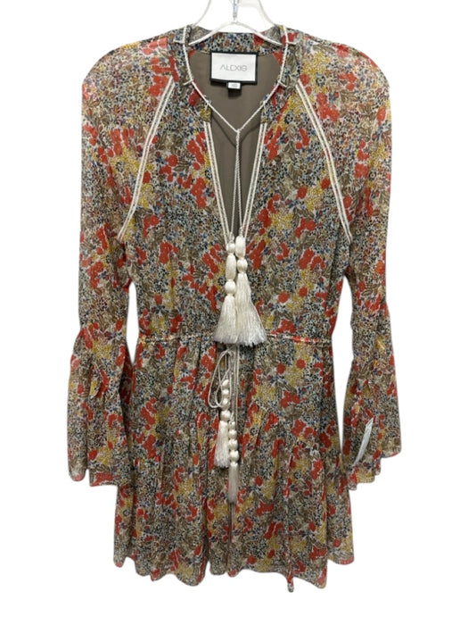 Alexis Size XS Red, Yellow & Green Silk Long Sleeve Floral Trim Dress Red, Yellow & Green / XS
