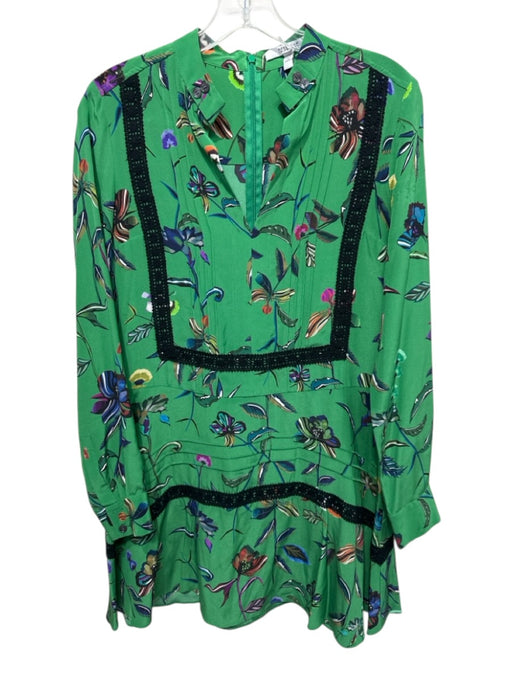 Derek Lam 10 Crosby Size 0 Green Silk Long Sleeve Floral Trim Detail Dress Green / 0