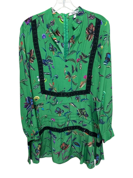 Derek Lam 10 Crosby Size 0 Green Silk Long Sleeve Floral Trim Detail Dress Green / 0