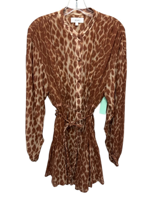 A.L.C. Size 0 Brown & Cream Silk Long Balloon Sleeve Leopard Elastic Waist Dress Brown & Cream / 0
