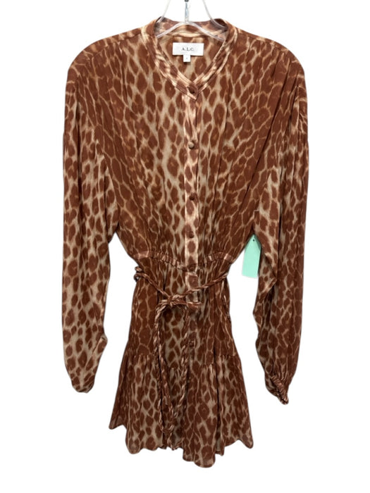 A.L.C. Size 0 Brown & Cream Silk Long Balloon Sleeve Leopard Elastic Waist Dress Brown & Cream / 0