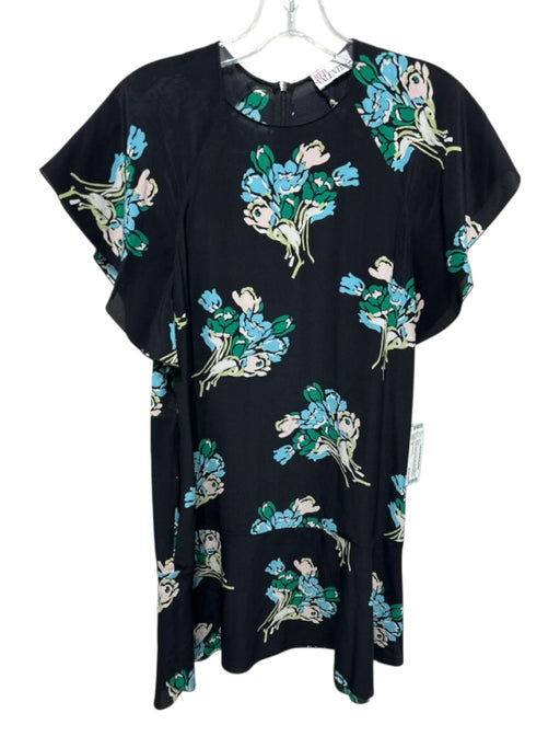 Red Valentino Size 0 Black, Green & Blue Silk Short Sleeve Floral Back Zip Dress Black, Green & Blue / 0