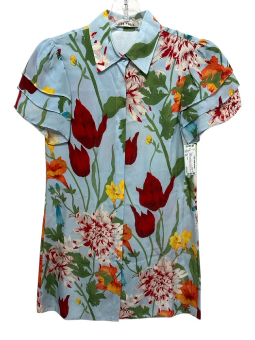 Alice + Olivia Size XS Light Blue, Red & Multi Cupro Short Sleeve Floral Dress Light Blue, Red & Multi / XS