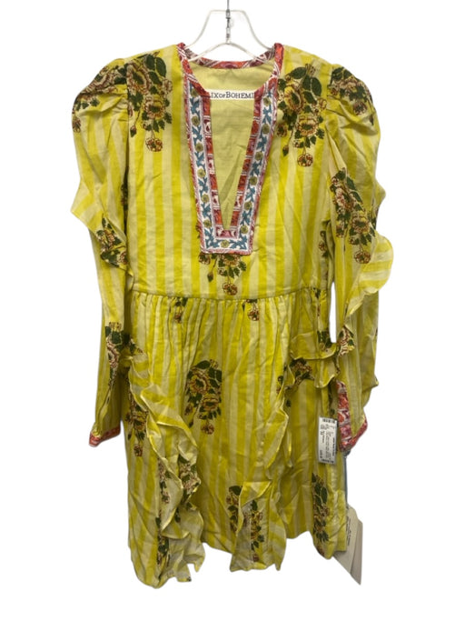 Alix of Bohemia Size XS Yellow & Multi Cotton Split Neck Long Sleeve Dress Yellow & Multi / XS