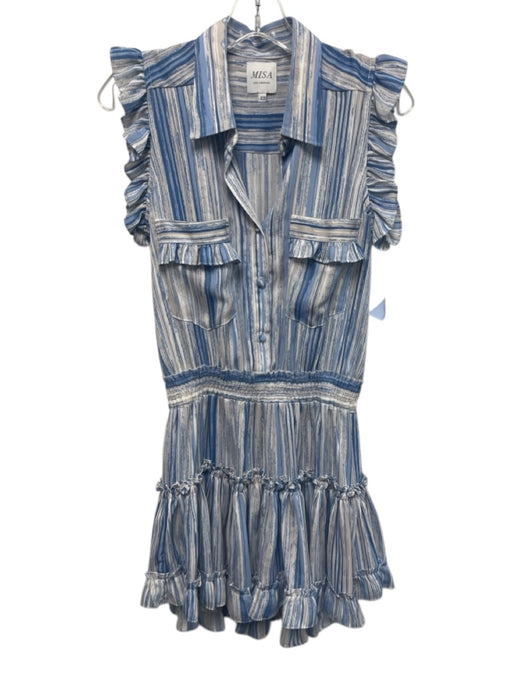 Misa Size XS Blue & White Viscose Buttons Striped Ruffle Cap Sleeve Dress Blue & White / XS
