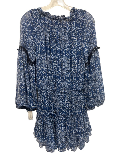 Misa Size XS Blue & White Viscose Floral Split Neck Long Sleeve Below knee Dress Blue & White / XS