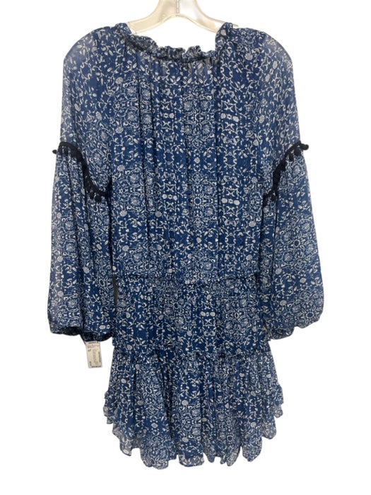 Misa Size XS Blue & White Viscose Floral Split Neck Long Sleeve Below knee Dress Blue & White / XS