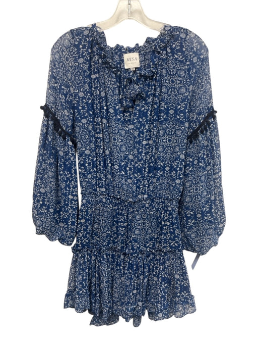 Misa Size XS Blue & White Viscose Floral Split Neck Long Sleeve Below knee Dress Blue & White / XS