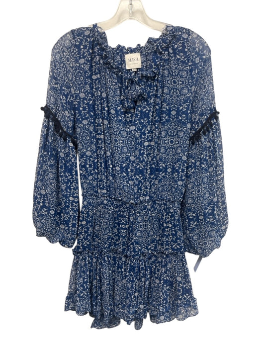 Misa Size XS Blue & White Viscose Floral Split Neck Long Sleeve Below knee Dress Blue & White / XS