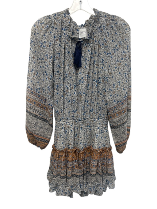 Misa Size XS White, Blue & Multi Viscose Floral Split Neck Long Sleeve Dress White, Blue & Multi / XS
