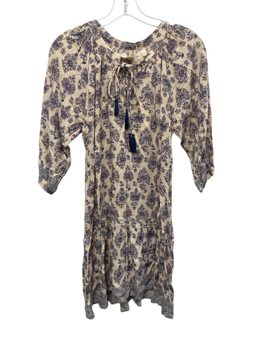 Natalie Martin Size XS Beige, Purple, Multi Rayon Long Sleeve Floral Midi Dress Beige, Purple, Multi / XS