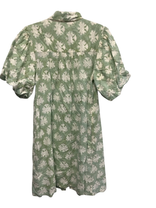 Ex Voto Size XS Green & White Cotton Short Puff Sleeve Button Up Dress Green & White / XS
