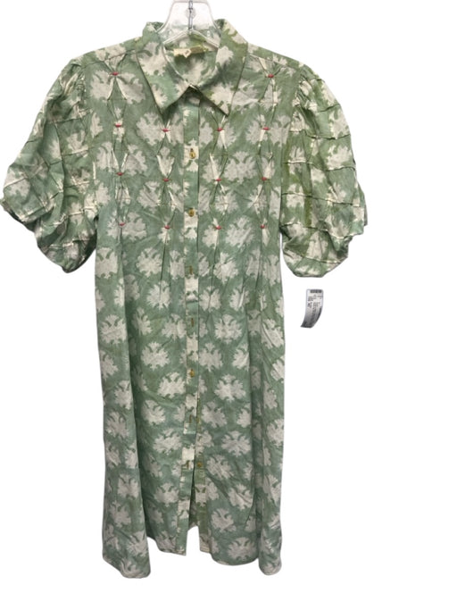 Ex Voto Size XS Green & White Cotton Short Puff Sleeve Button Up Dress Green & White / XS