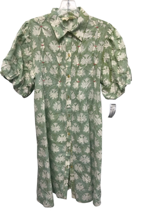 Ex Voto Size XS Green & White Cotton Short Puff Sleeve Button Up Dress Green & White / XS