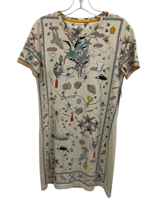 Tory Burch Size XS White & Multi Cotton Floral All Over Print Short Sleeve Dress White & Multi / XS