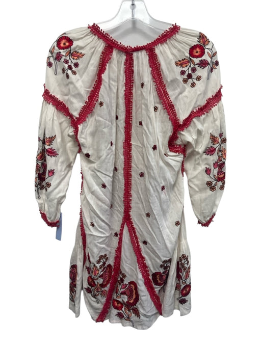 RANNA GILL Size Est XS White, Red, Multi Rayon Long Sleeve Embroidered Dress White, Red, Multi / Est XS