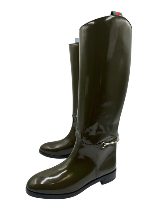 Gucci Shoe Size 38 Olive Green Leather Horsebit Patent Knee High Boots Olive Green / 38