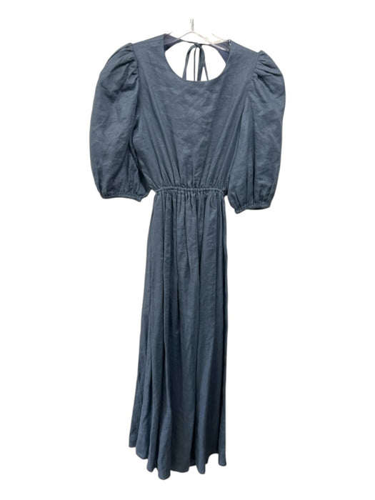Dissh Size S / 6 Slate Blue Linen Open Back Puff Half Sleeve Elastic Waist Dress Slate Blue / S / 6