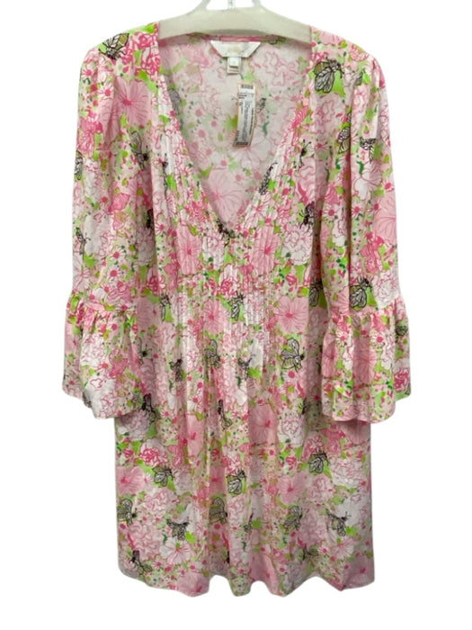 Lilly Pulitzer Size 16 Pink, White, Green Rayon Long Trumpet Sleeve Floral Dress Pink, White, Green / 16