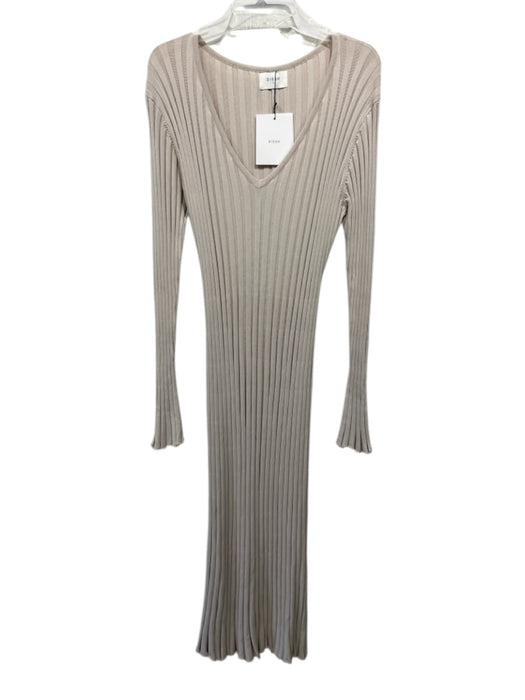 Dissh Size L Beige Viscose & Nylon Rib Knit Long Sleeve V Neck Tie Back Dress Beige / L