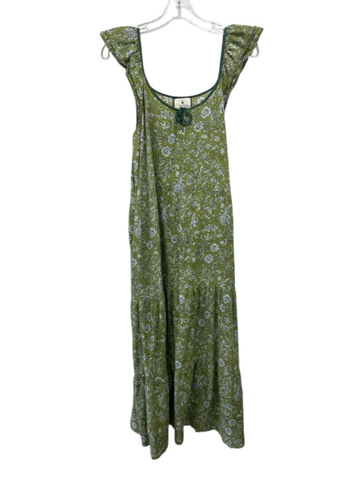 Tuckernuck Size M Green & White Cotton Floral Short Cap Sleeve Maxi Dress Green & White / M