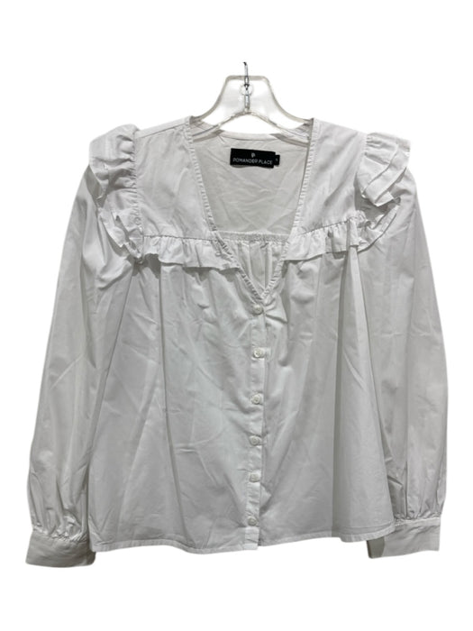 Pomander Place Size S White Cotton Button Up Long Sleeve Ruffle Shoulder Top White / S