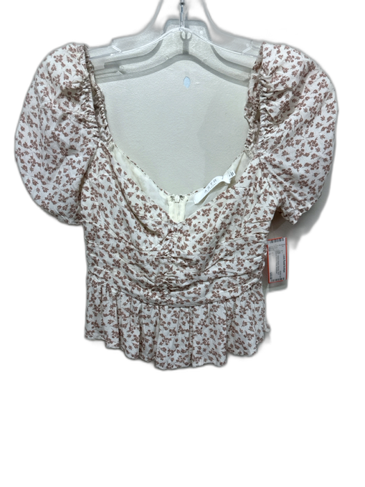 ASTR Size S White & Brown Viscose Short Balloon Sleeve Floral Crop Top White & Brown / S