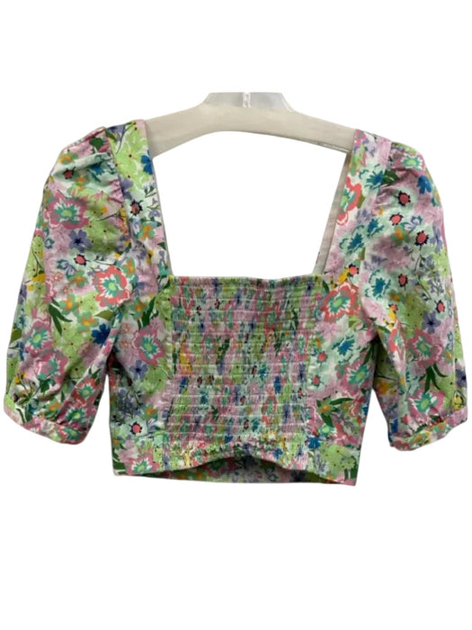 For Love & Lemons Size XS Green, Pink, Blue Cotton Blend Short Puff Sleeve Top Green, Pink, Blue / XS
