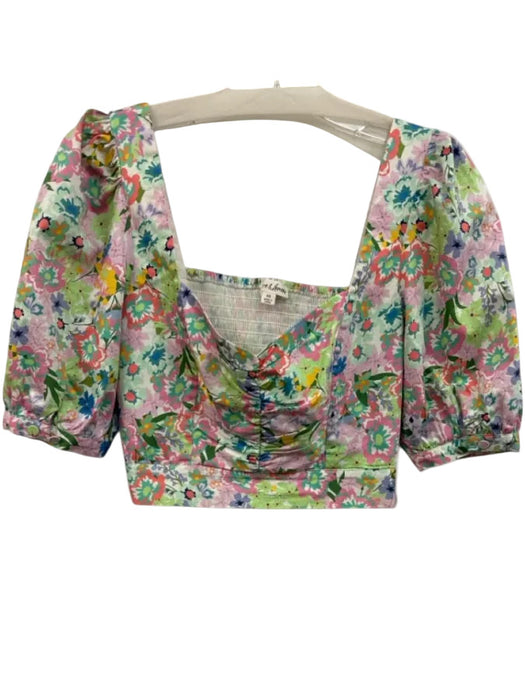 For Love & Lemons Size XS Green, Pink, Blue Cotton Blend Short Puff Sleeve Top Green, Pink, Blue / XS