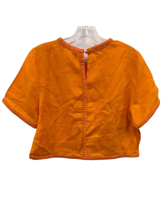 Magaschoni Size Small Orange & Pink Linen Short Sleeve Blanket Stitch Top Orange & Pink / Small