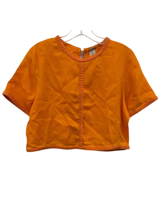 Magaschoni Size Small Orange & Pink Linen Short Sleeve Blanket Stitch Top Orange & Pink / Small