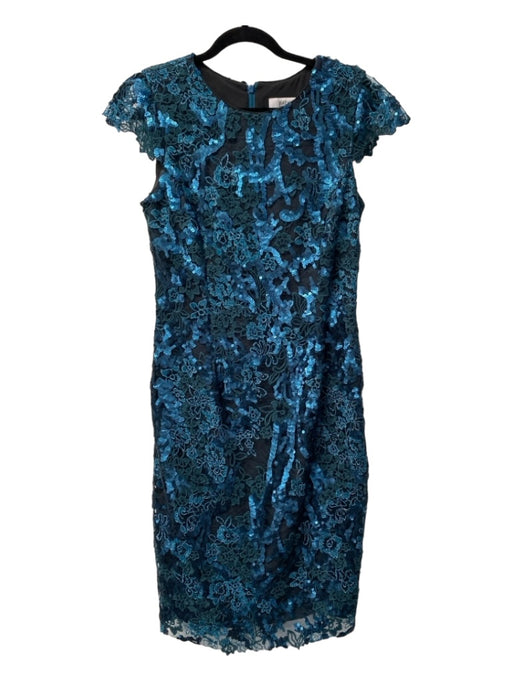 Badgley Mischka Size 8 Black & Teal Polyester Round Neck Cap Sleeve Lace Dress Black & Teal / 8