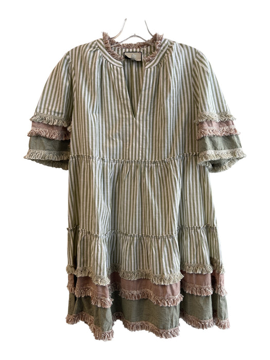 Tuckernuck Size Medium Green & White Cotton Half Sleeve Striped Tassels Dress Green & White / Medium