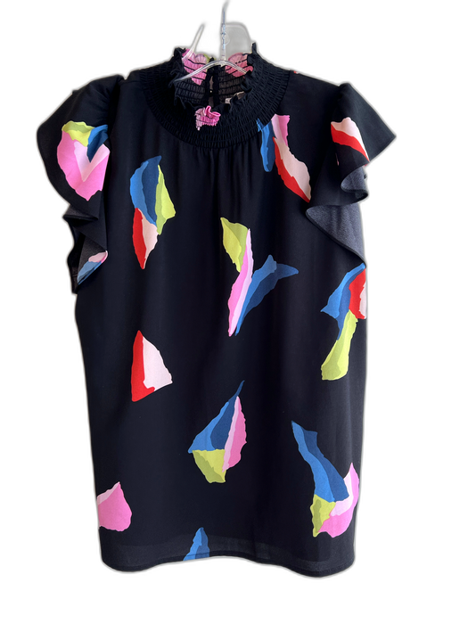 THML Size M Black & Multi Polyester Blend High Ruffle Neck Color Block Top Black & Multi / M