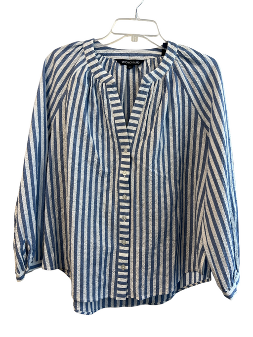 Veronica Beard Size M White & Blue Cotton Long Sleeve Striped V Neck Top White & Blue / M