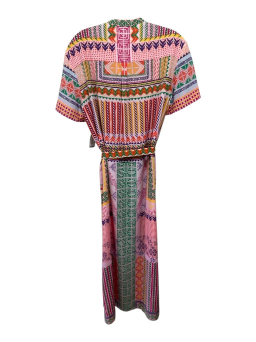 Saloni Size 8 Pink & Multi Silk Geometric Short Sleeve Button Front Midi Dress Pink & Multi / 8