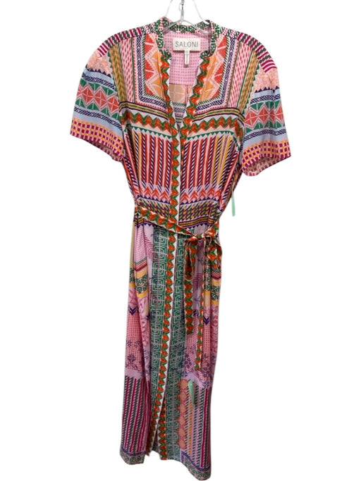 Saloni Size 8 Pink & Multi Silk Geometric Short Sleeve Button Front Midi Dress Pink & Multi / 8
