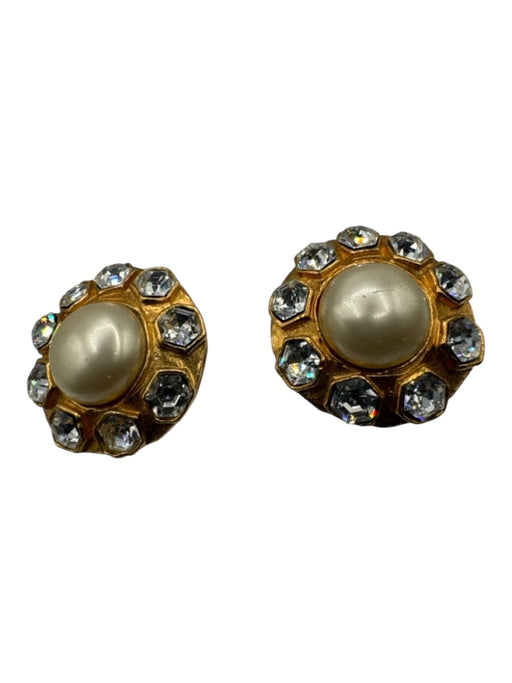 Chanel Gold, Silver, White Gold Hardware Faux Pearl Crystal Gold Plated Earrings Gold, Silver, White