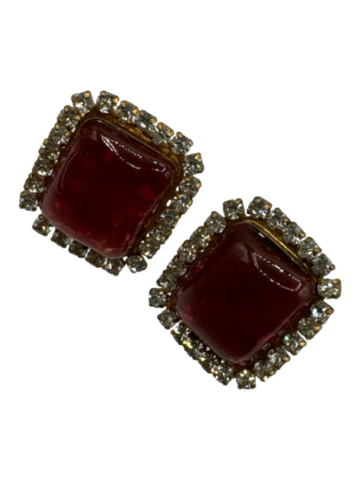 Chanel Gold & Amber Gold Plated Resin Rhinestone Square Clip On Earrings Gold & Amber