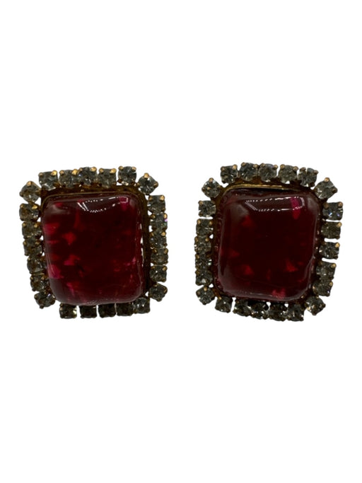 Chanel Gold & Amber Gold Plated Resin Rhinestone Square Clip On Earrings Gold & Amber