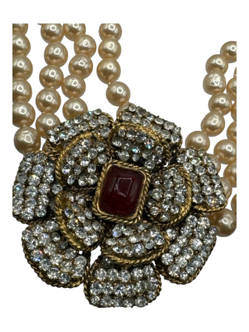 Chanel Beige & Red Faux Pearl Rhinestone Flower Gold Hardware 4 Strand Necklace Beige & Red